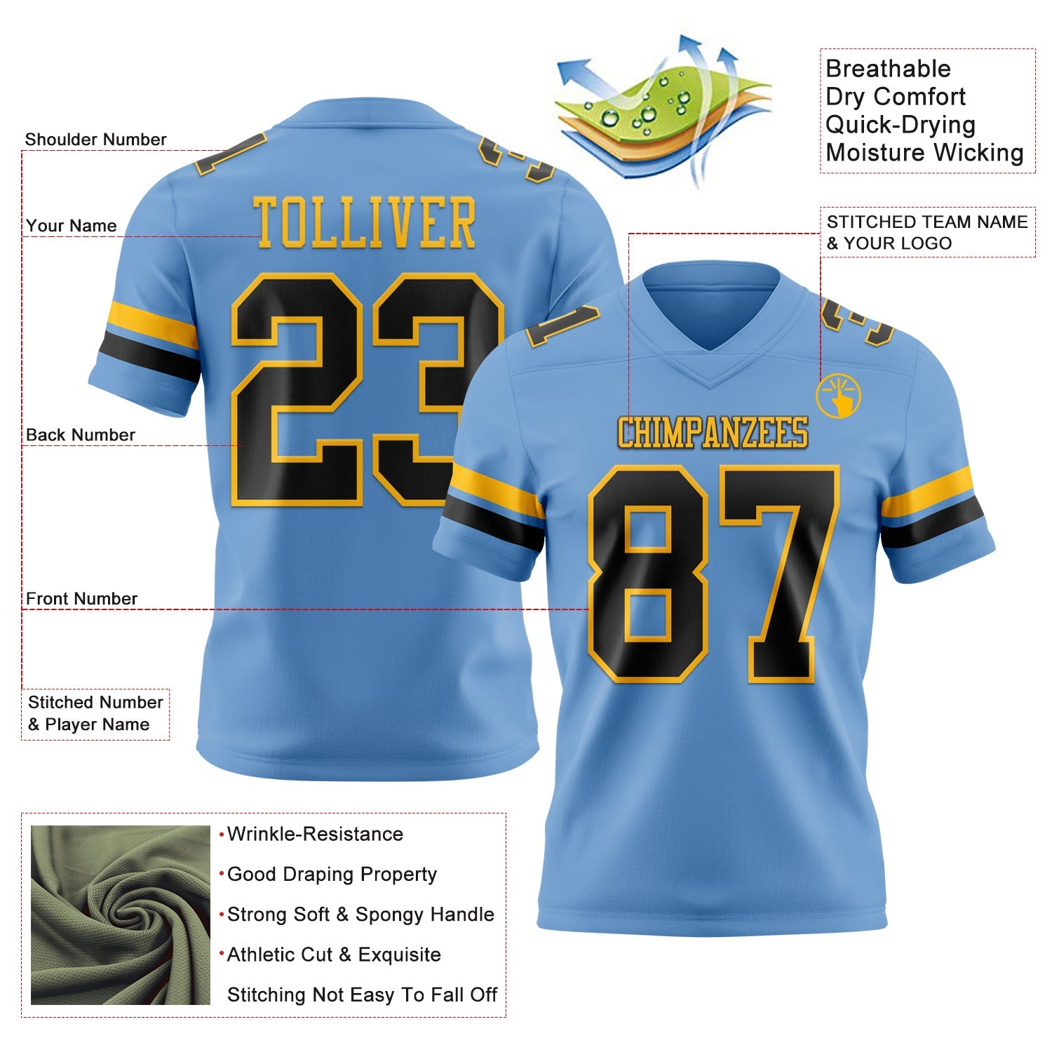Custom Light Blue Black-Gold Authentic Football Jersey