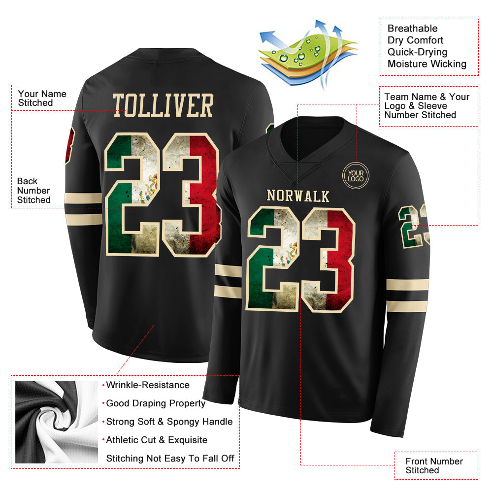 Custom Black Vintage Mexican Flag-Cream Long Sleeve Authentic Football Jersey