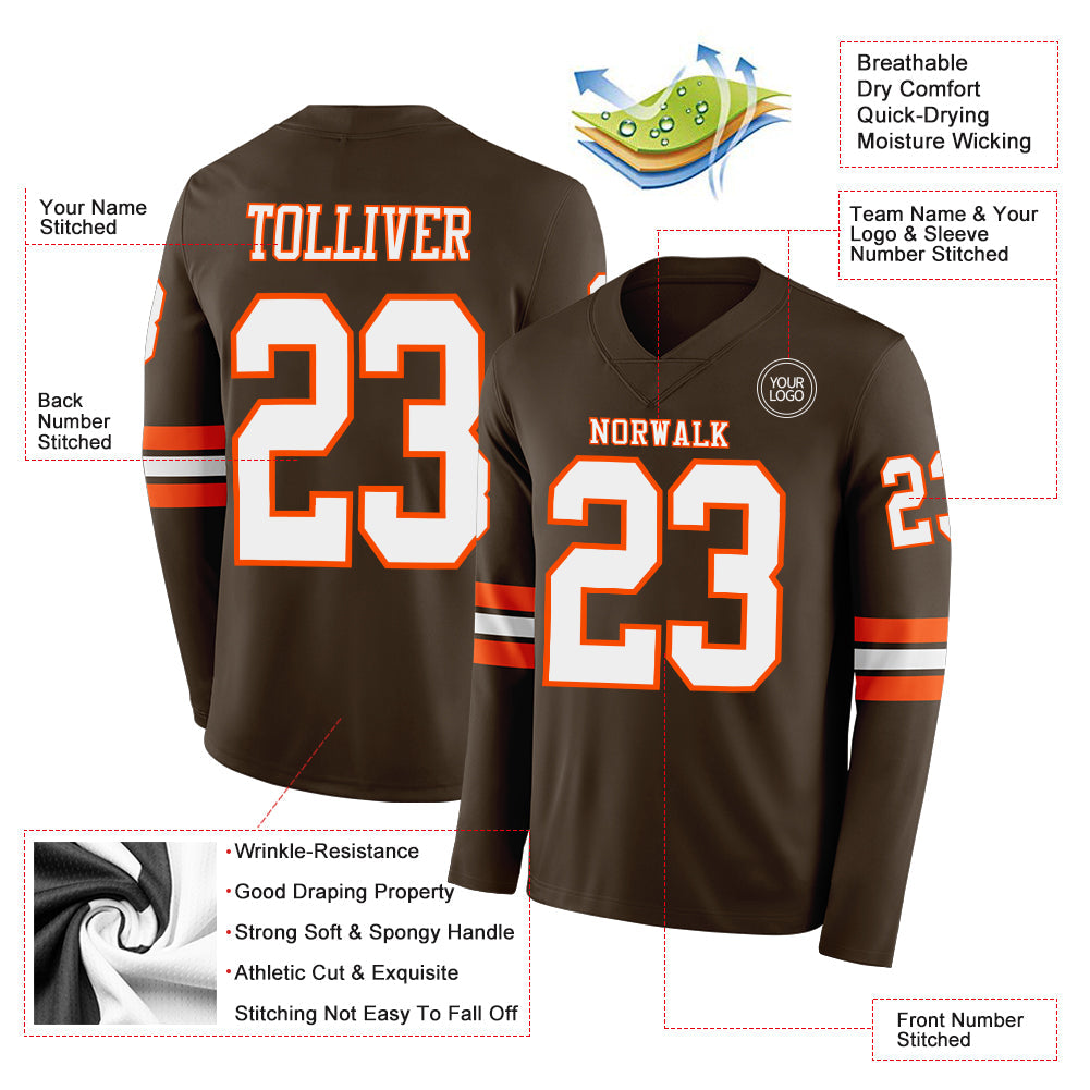 Custom Brwon White-Orange Long Sleeve Authentic Football Jersey