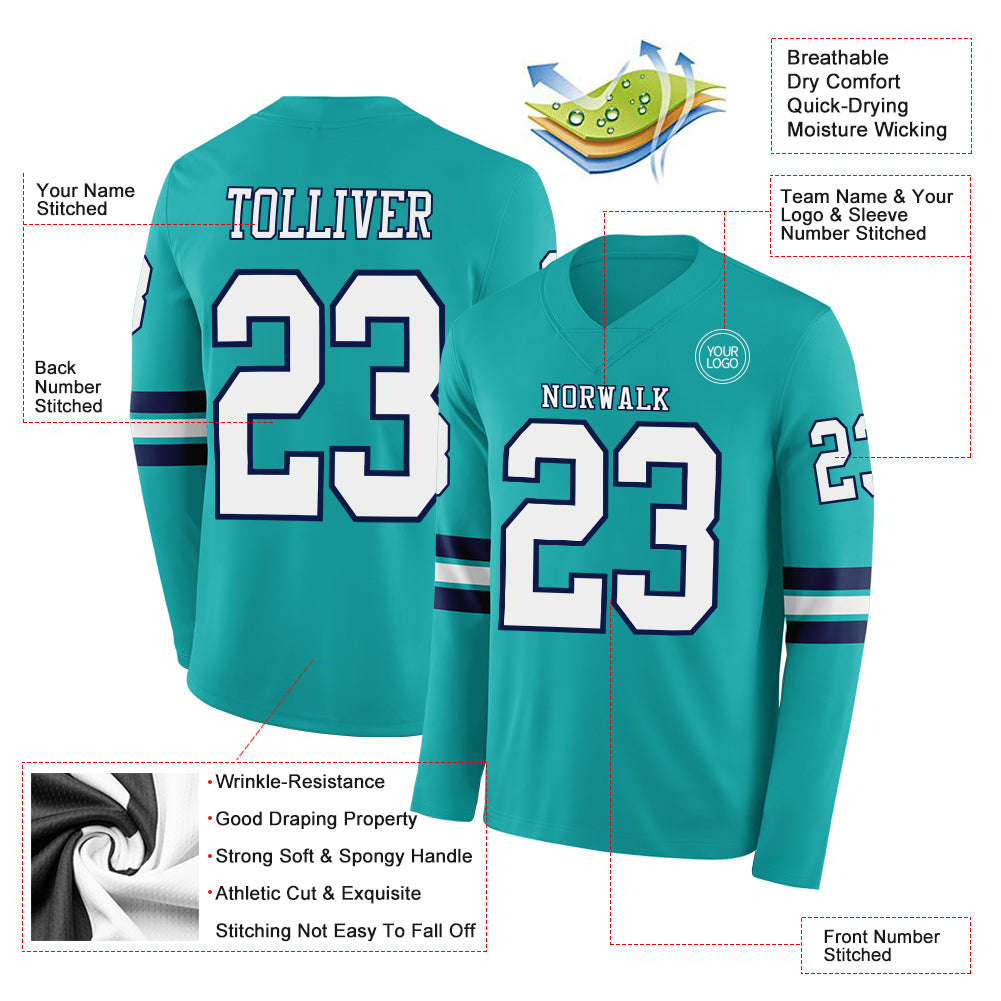 Custom Aqua White-Navy Long Sleeve Authentic Football Jersey