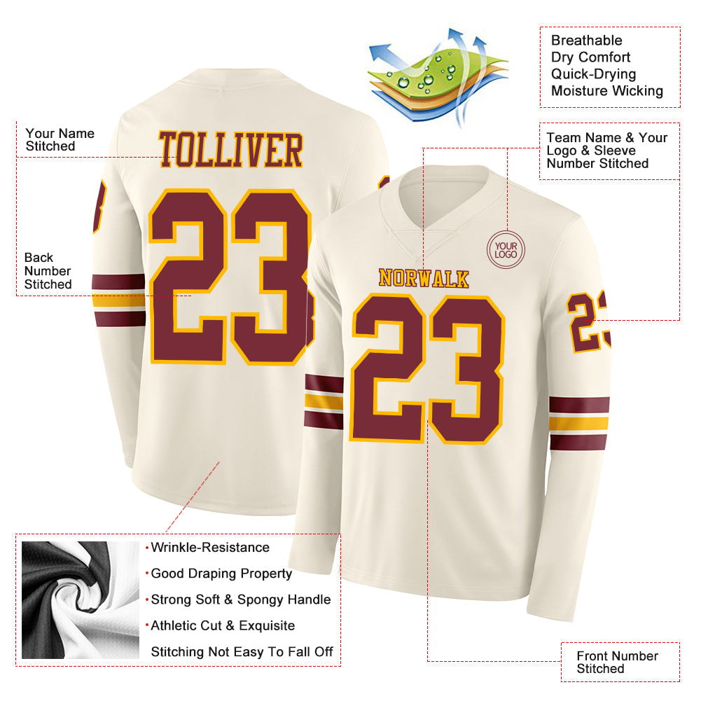 Custom Cream Burgundy-Gold Long Sleeve Authentic Football Jersey