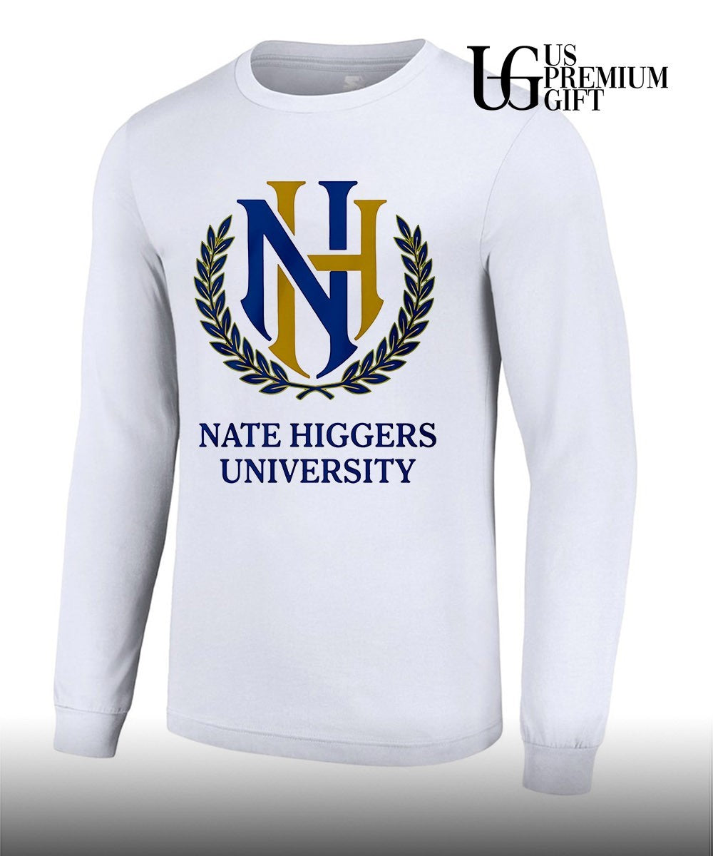 Nate Higgers University logo shirt