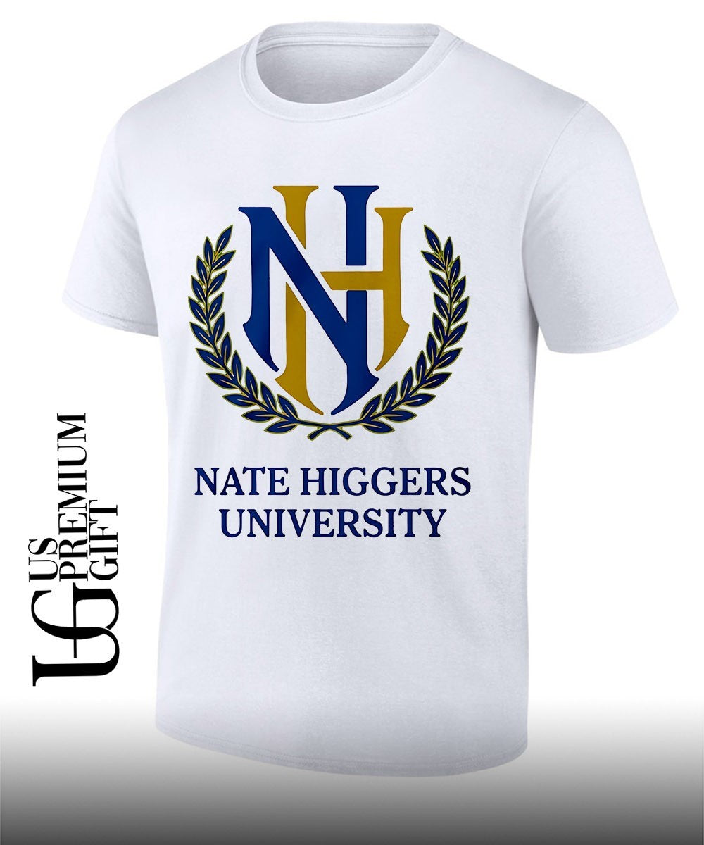 Nate Higgers University logo shirt