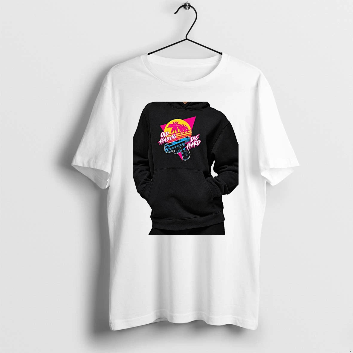 Officials Old Habits Die Hard Handgun Palm Trees Sunset Synthwave Premium T Shirt
