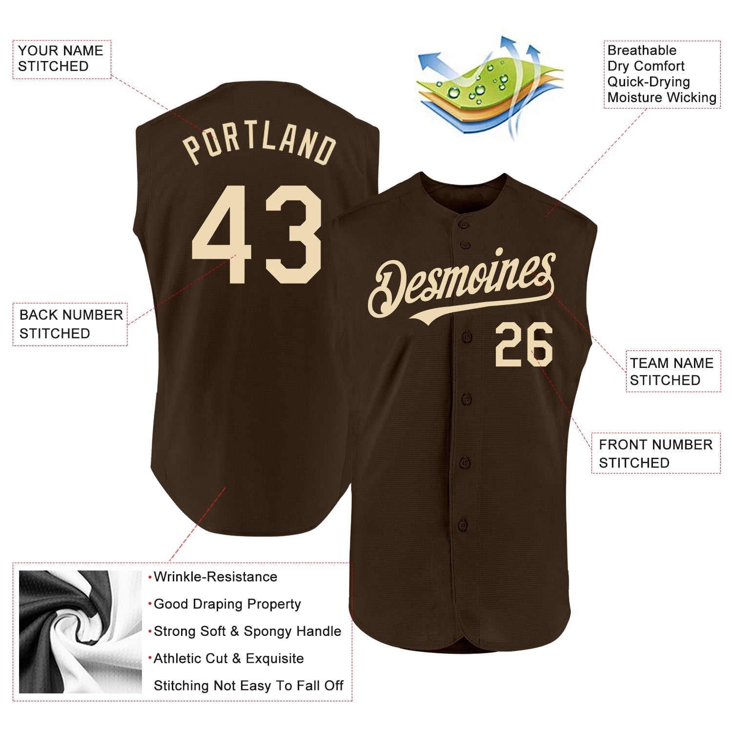 Custom Brown Cream Authentic Sleeveless Baseball Jersey
