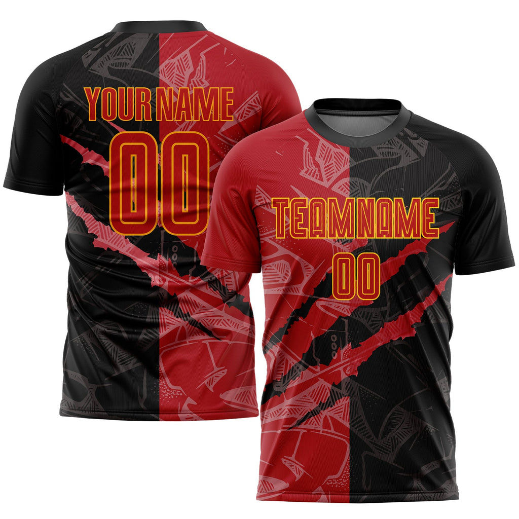 Custom Graffiti Pattern Red-Gold Scratch Sublimation Soccer Uniform Jersey