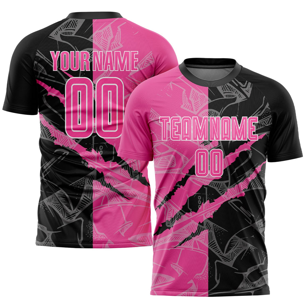 Custom Graffiti Pattern Pink Black-White Scratch Sublimation Soccer Uniform Jersey