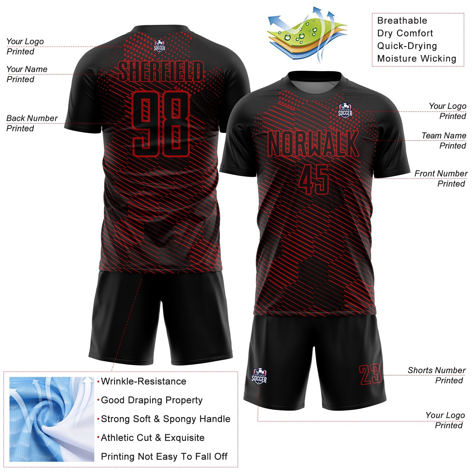 Custom Black Red Abstract Hexagon Sublimation Soccer Uniform Jersey