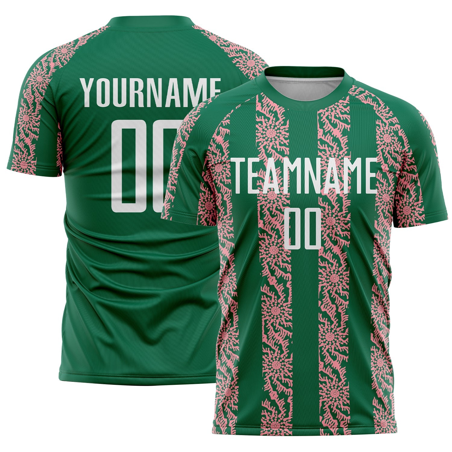 Custom Kelly Green White-Medium Pink Abstract Shape Sublimation Soccer Uniform Jersey