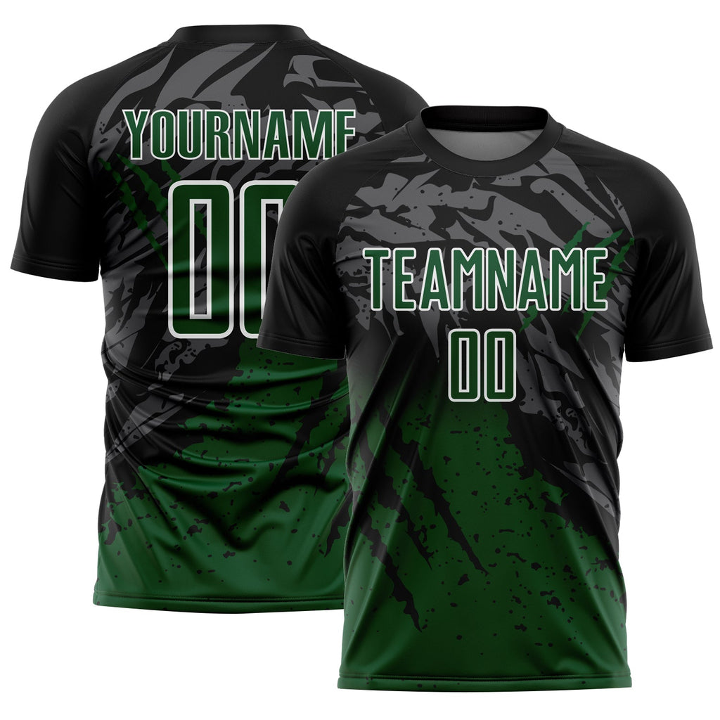 Custom Black Green-White Gradient Scratch Splash Sublimation Soccer Uniform Jersey