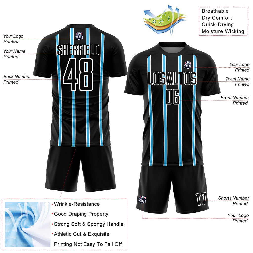 Custom Black Sky Blue-White Stripe Line Sublimation Soccer Uniform Jersey