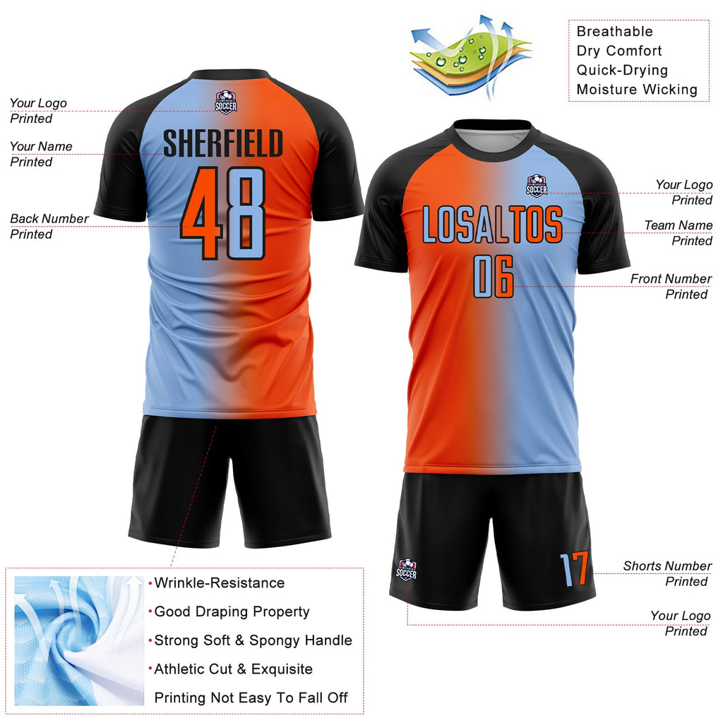 Custom Light Blue Orange-Black Sublimation Gradient Fashion Soccer Uniform Jersey