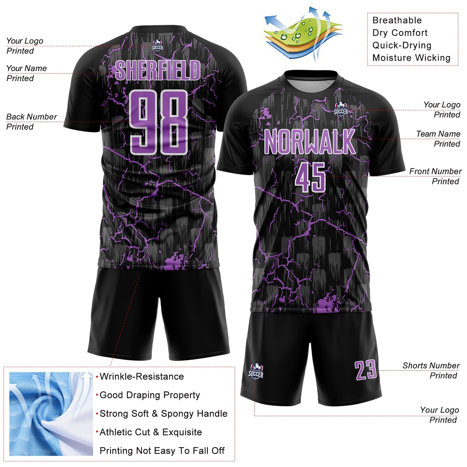 Custom Black Medium Purple-White Lightning Sublimation Soccer Uniform Jersey