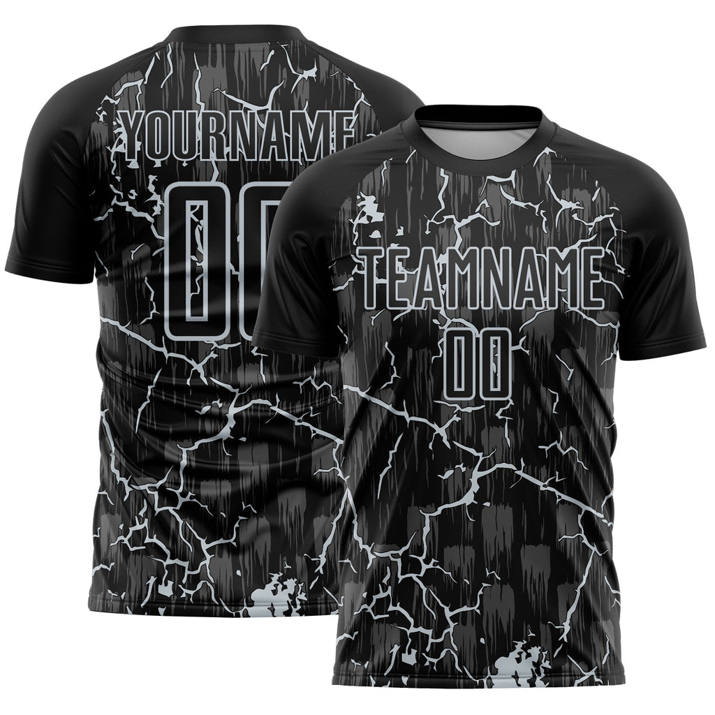 Custom Black Silver Lightning Sublimation Soccer Uniform Jersey