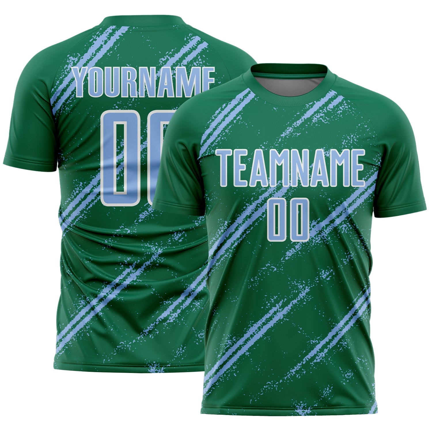 Custom Kelly Green Light Blue-White Abstract Fragment Art Splash Sublimation Soccer Uniform Jersey