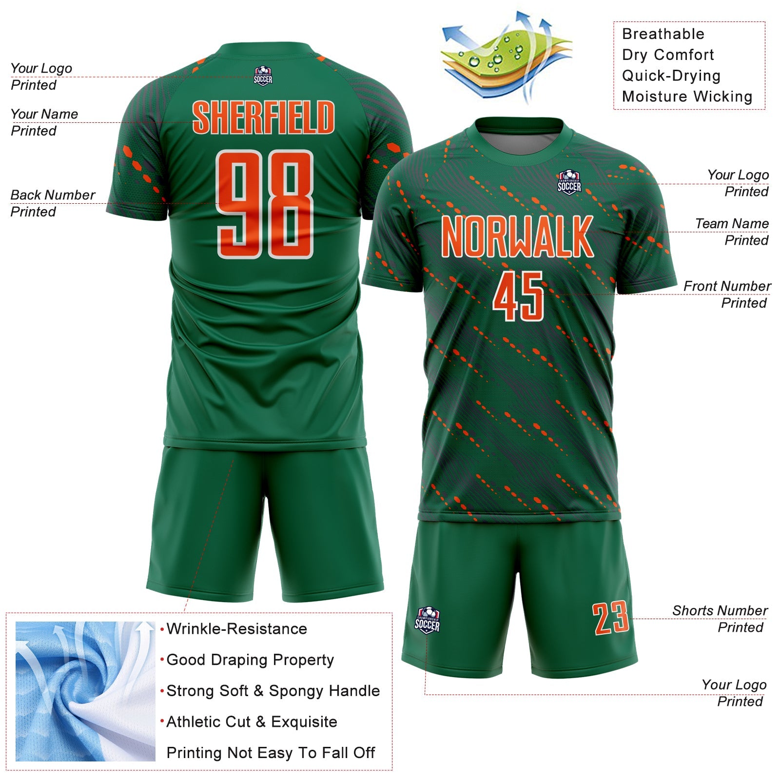 Custom Kelly Green Orange-White Slant Lines Sports Sublimation Soccer Uniform Jersey