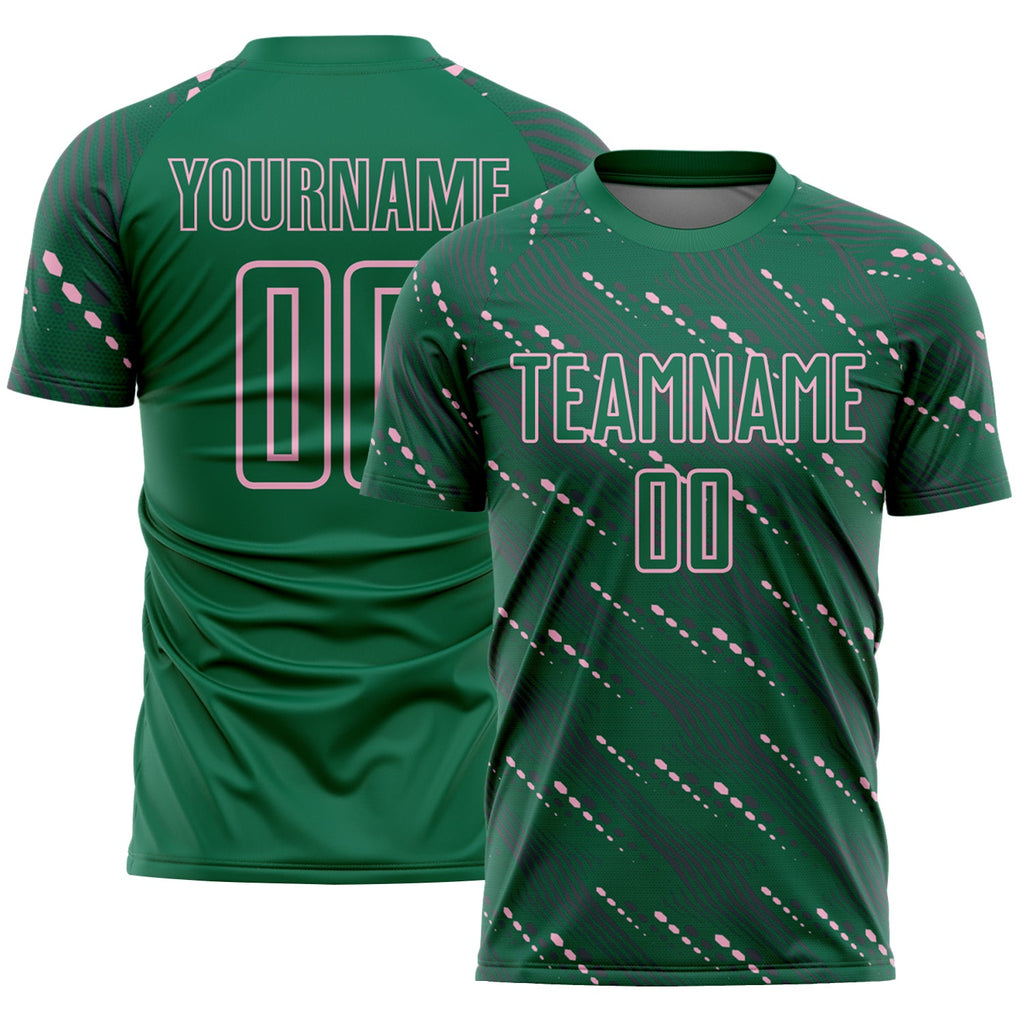 Custom Kelly Green Light Pink Slant Lines Sports Sublimation Soccer Uniform Jersey