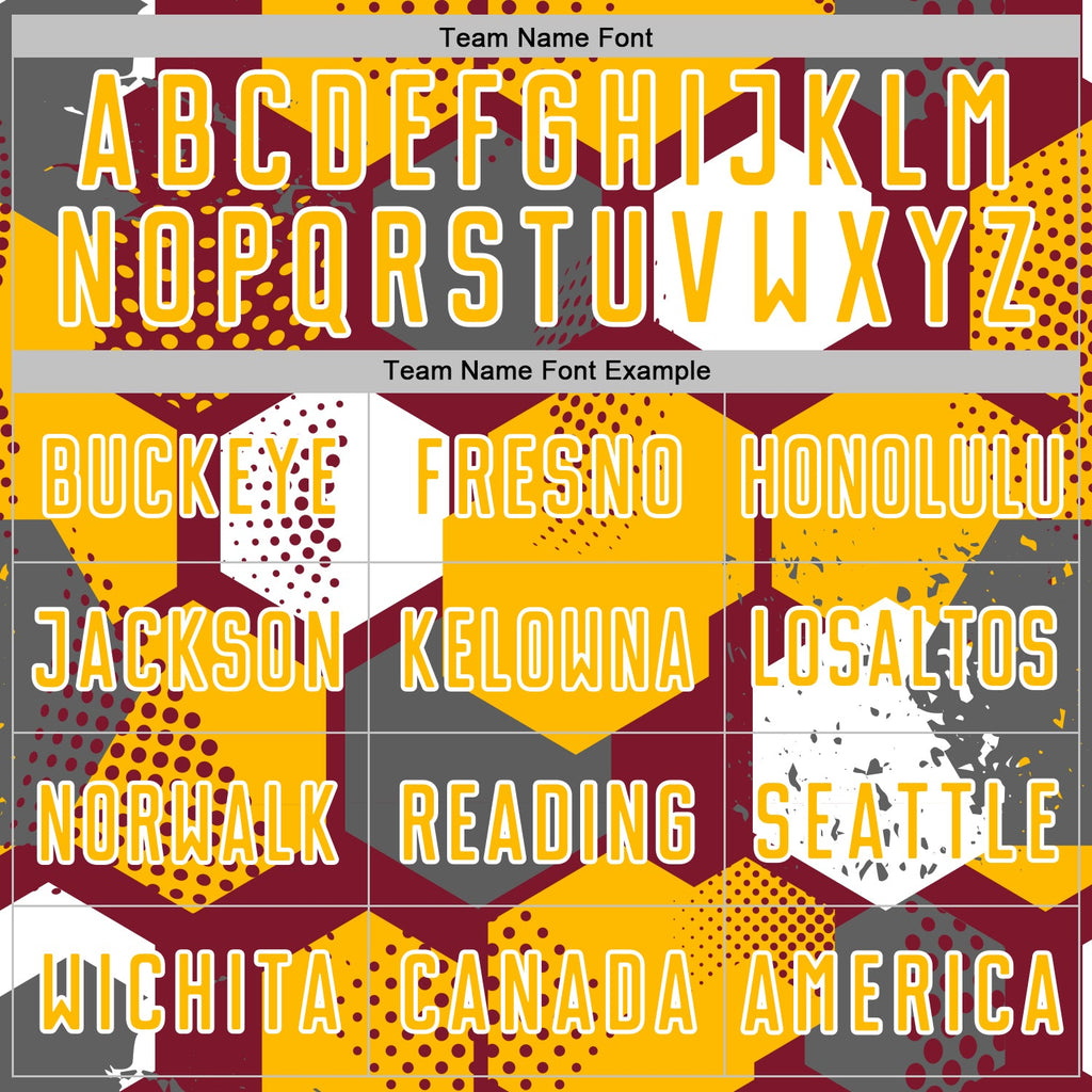 Custom Crimson Gold-White Geometric Shape Sublimation Soccer Uniform Jersey
