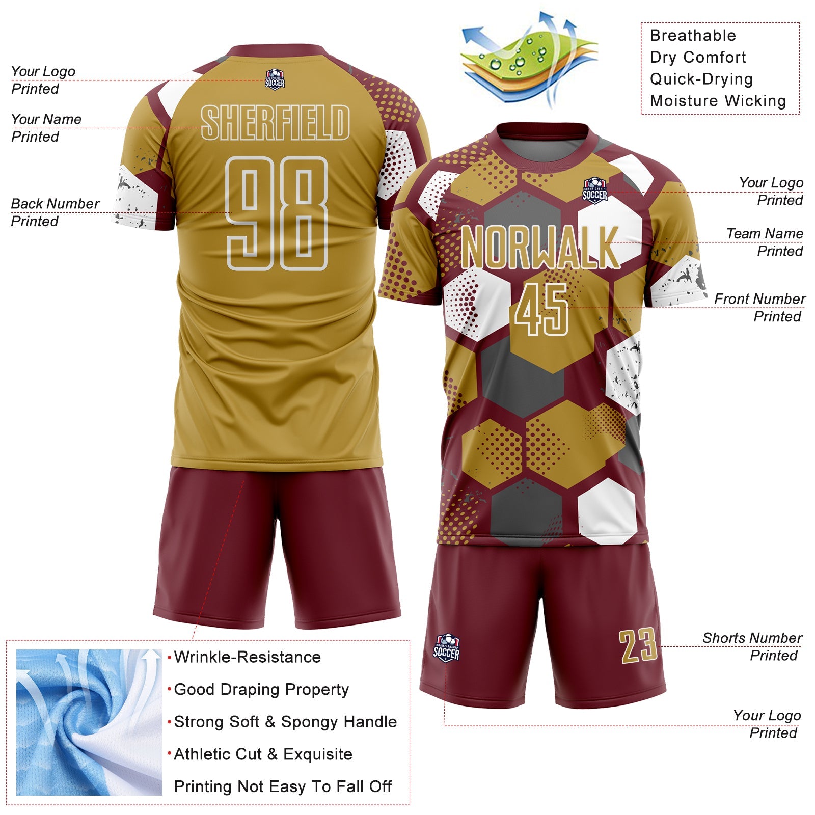 Custom Burgundy Old Gold-White Geometric Shape Sublimation Soccer Uniform Jersey