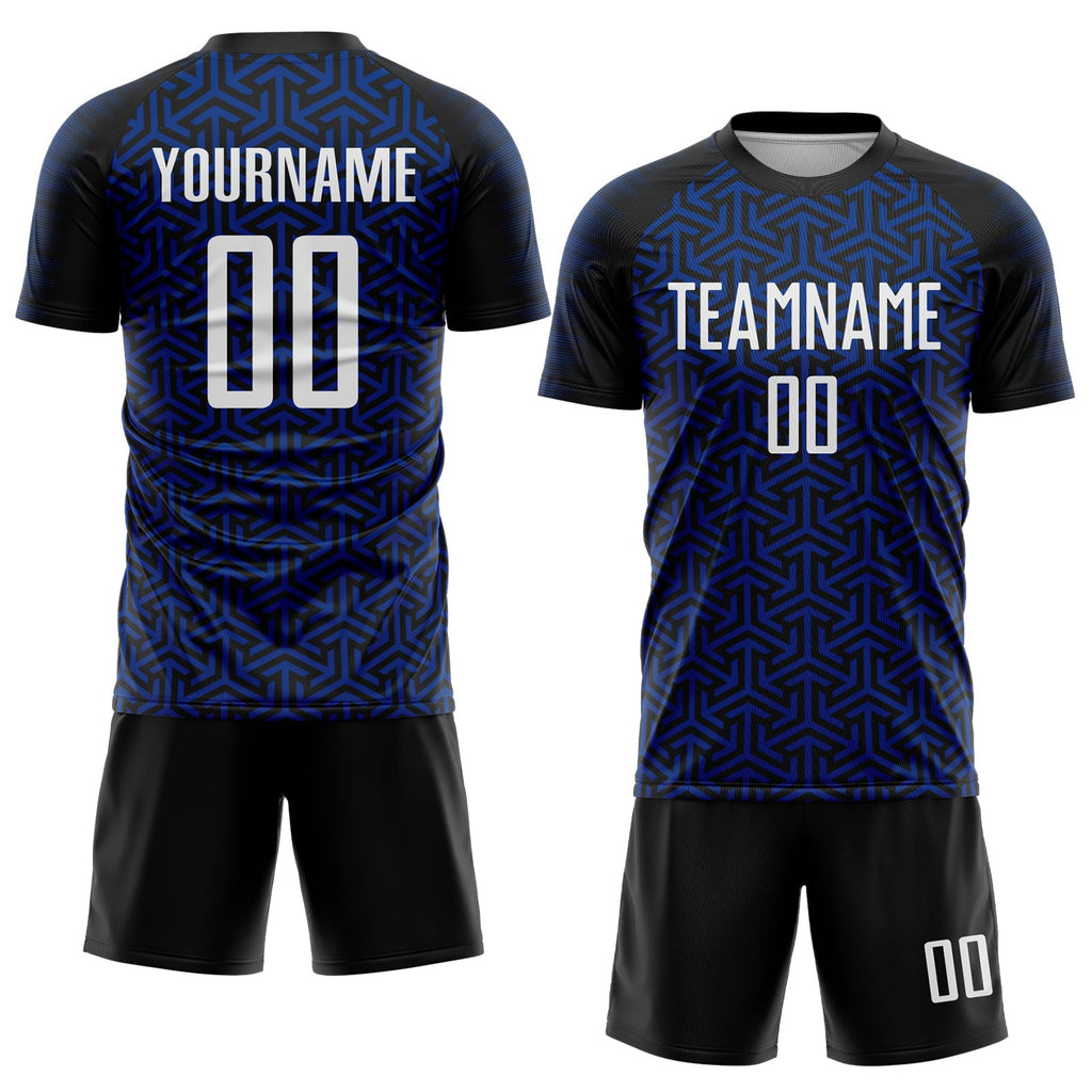 Custom Black White-Royal Geometric Arrow Sublimation Soccer Uniform Jersey