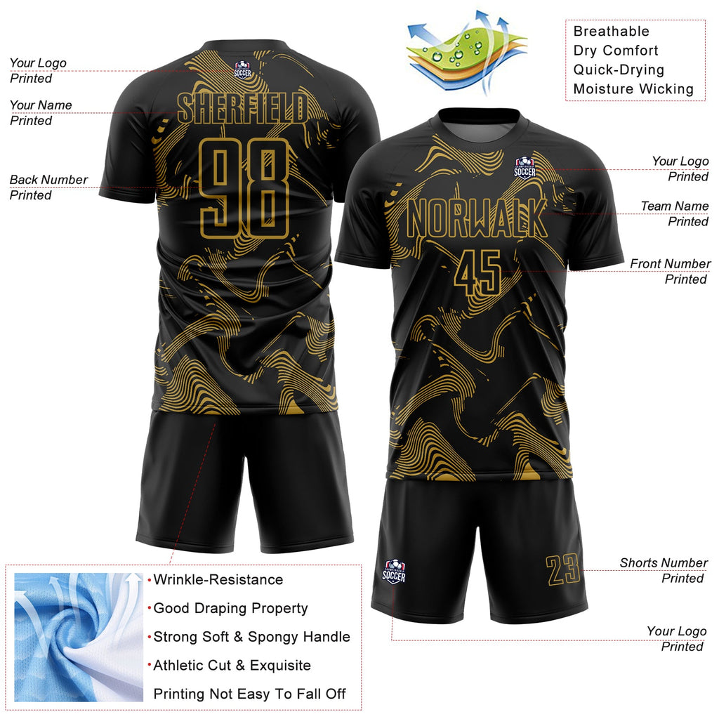 Custom Black Old Gold Curve Lines Sports Sublimation Soccer Uniform Jersey