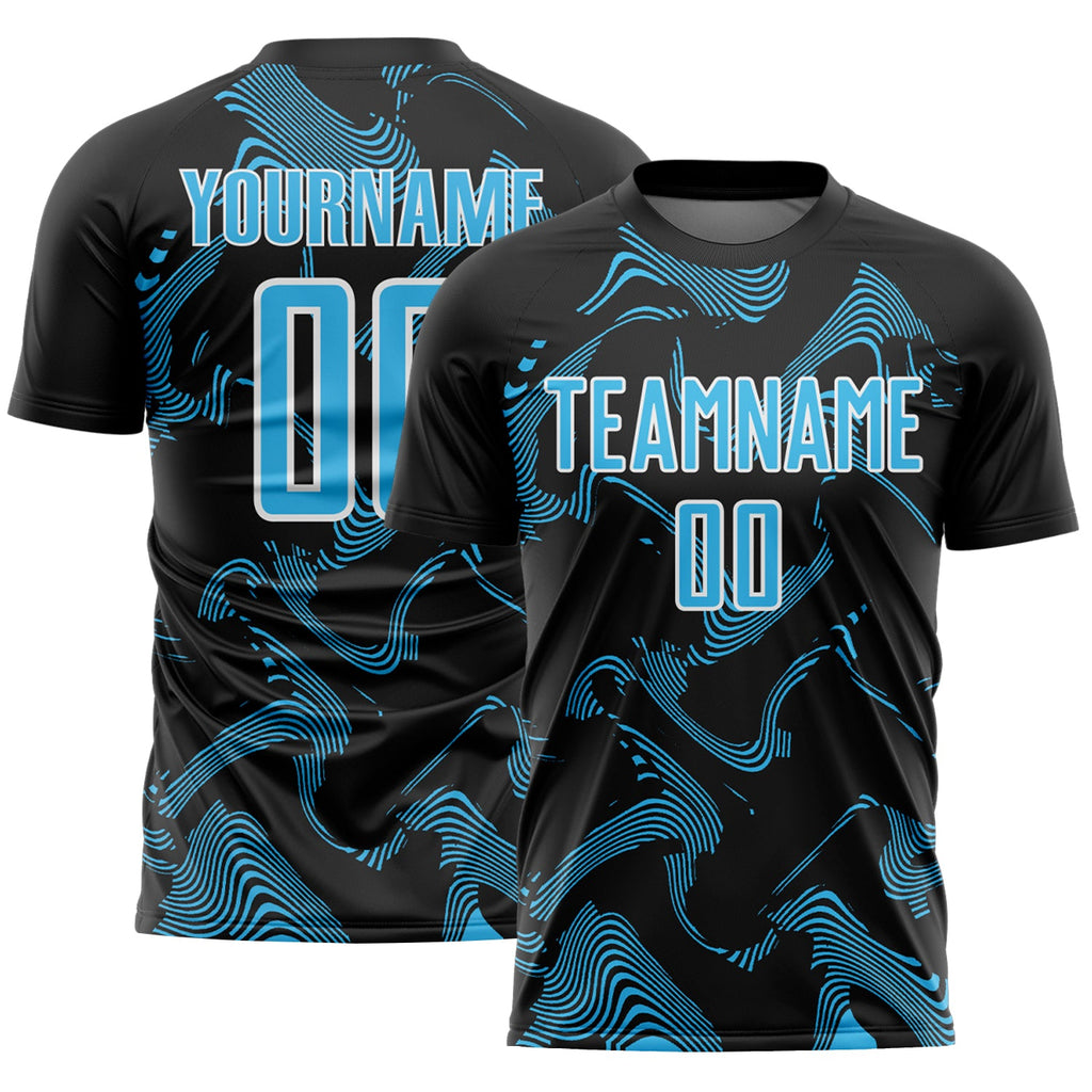 Custom Black Sky Blue-White Curve Lines Sports Sublimation Soccer Uniform Jersey