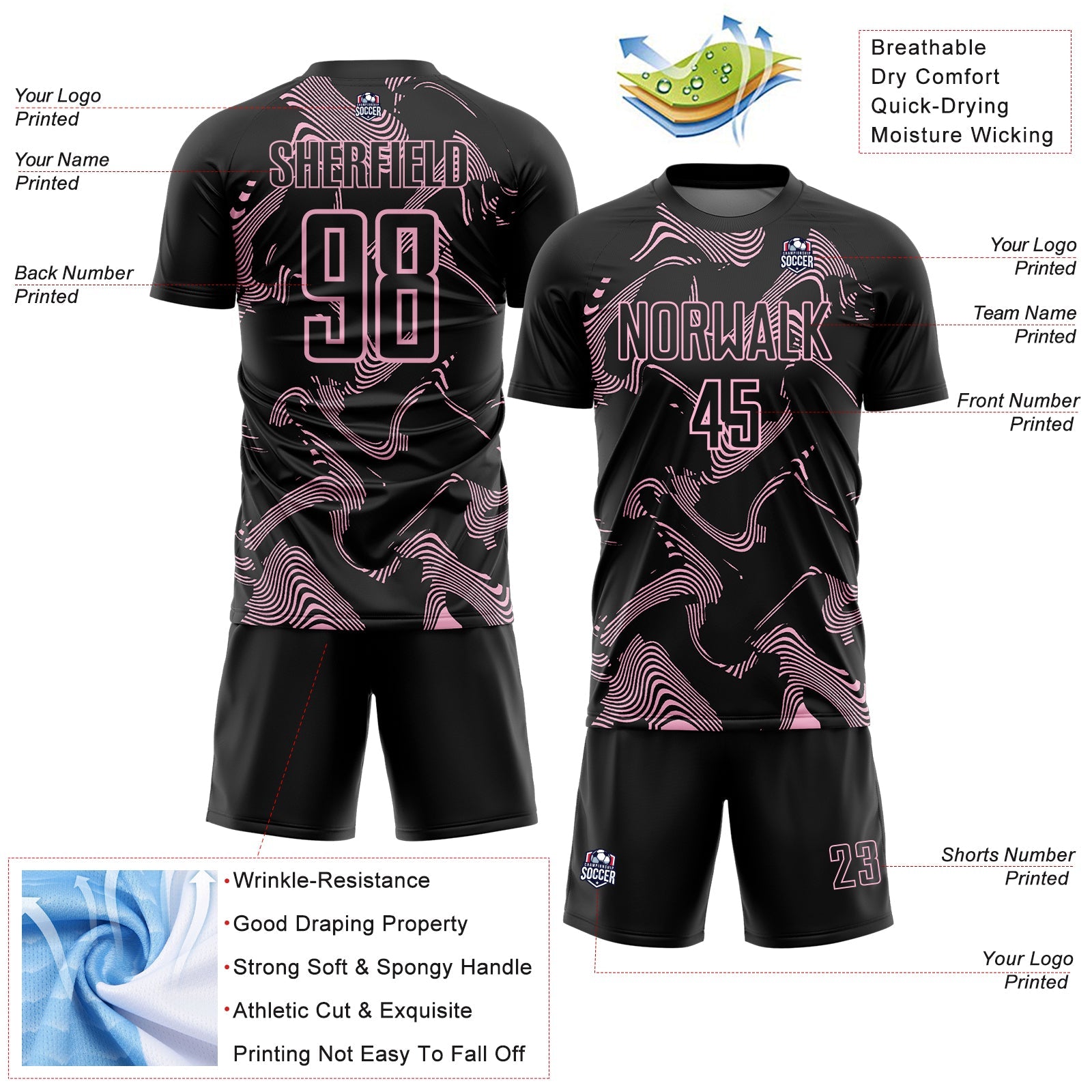 Custom Black Light Pink Curve Lines Sports Sublimation Soccer Uniform Jersey