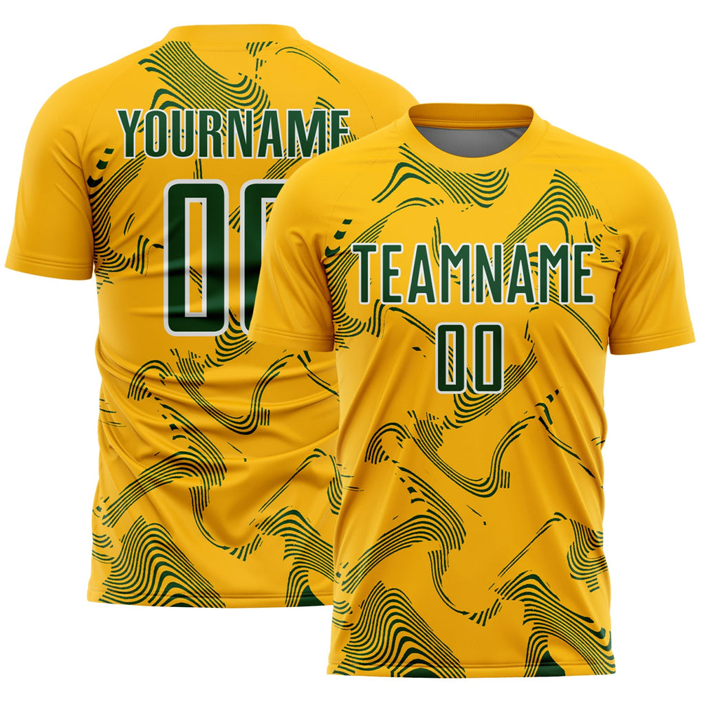 Custom Gold Green-White Curve Lines Sports Sublimation Soccer Uniform Jersey