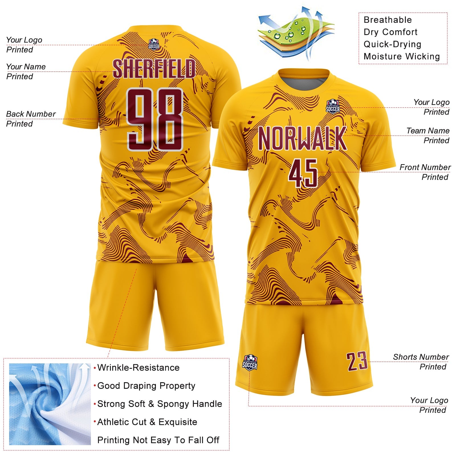 Custom Gold Crimson-White Curve Lines Sports Sublimation Soccer Uniform Jersey