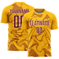 Custom Gold Crimson-White Curve Lines Sports Sublimation Soccer Uniform Jersey