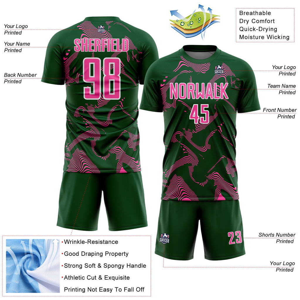 Custom Green Pink-White Curve Lines Sports Sublimation Soccer Uniform Jersey