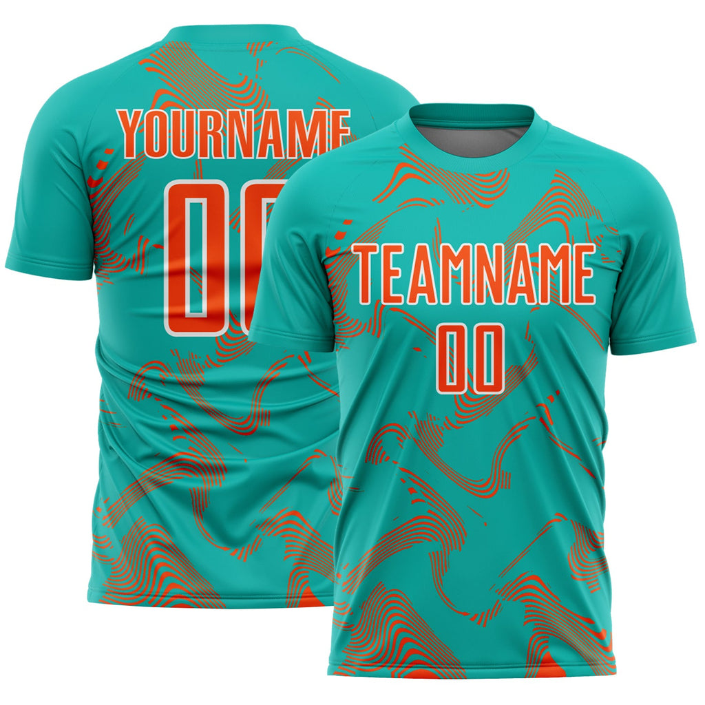 Custom Aqua Orange-White Curve Lines Sports Sublimation Soccer Uniform Jersey