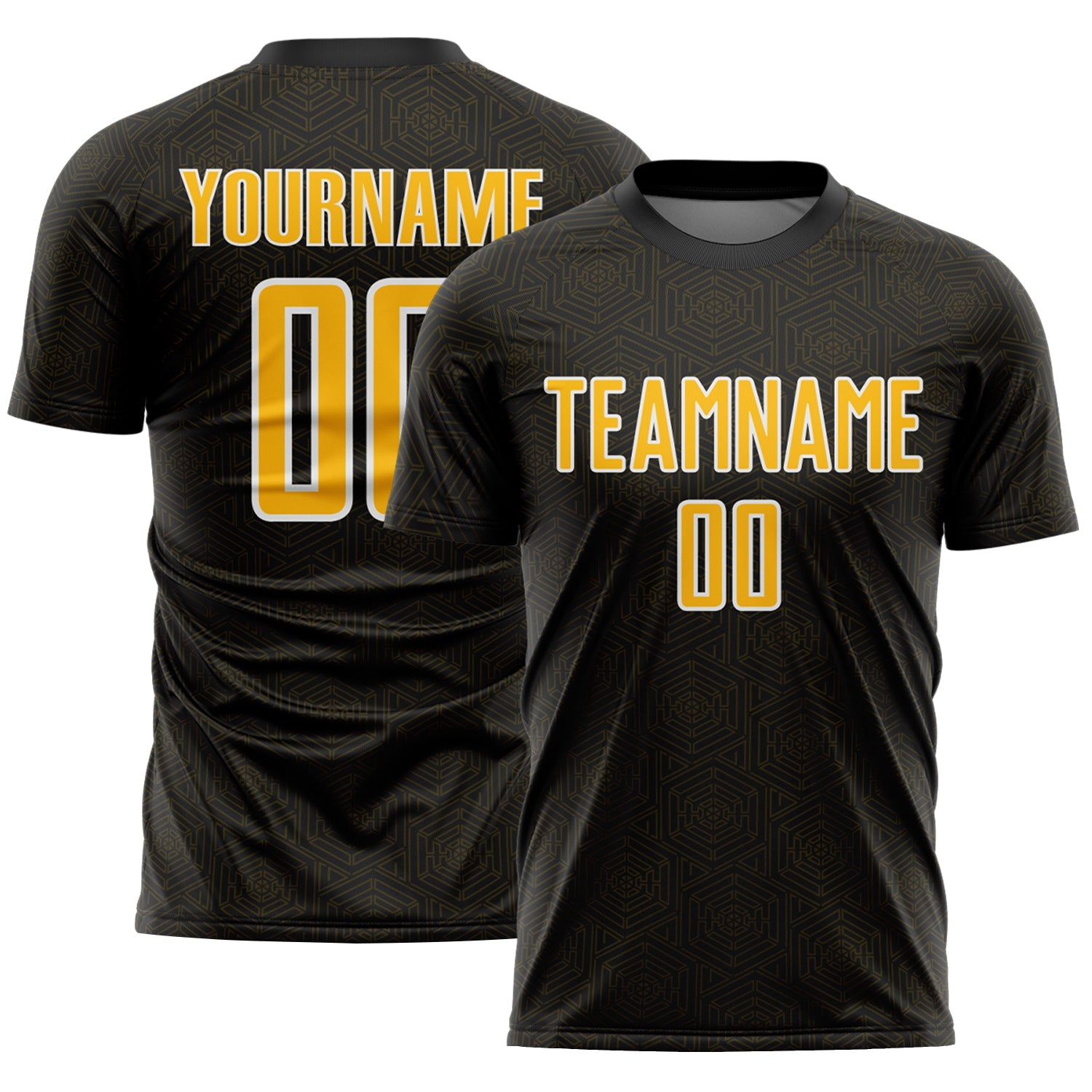 Custom Black Gold-White Geometric Shape Sports Sublimation Soccer Uniform Jersey