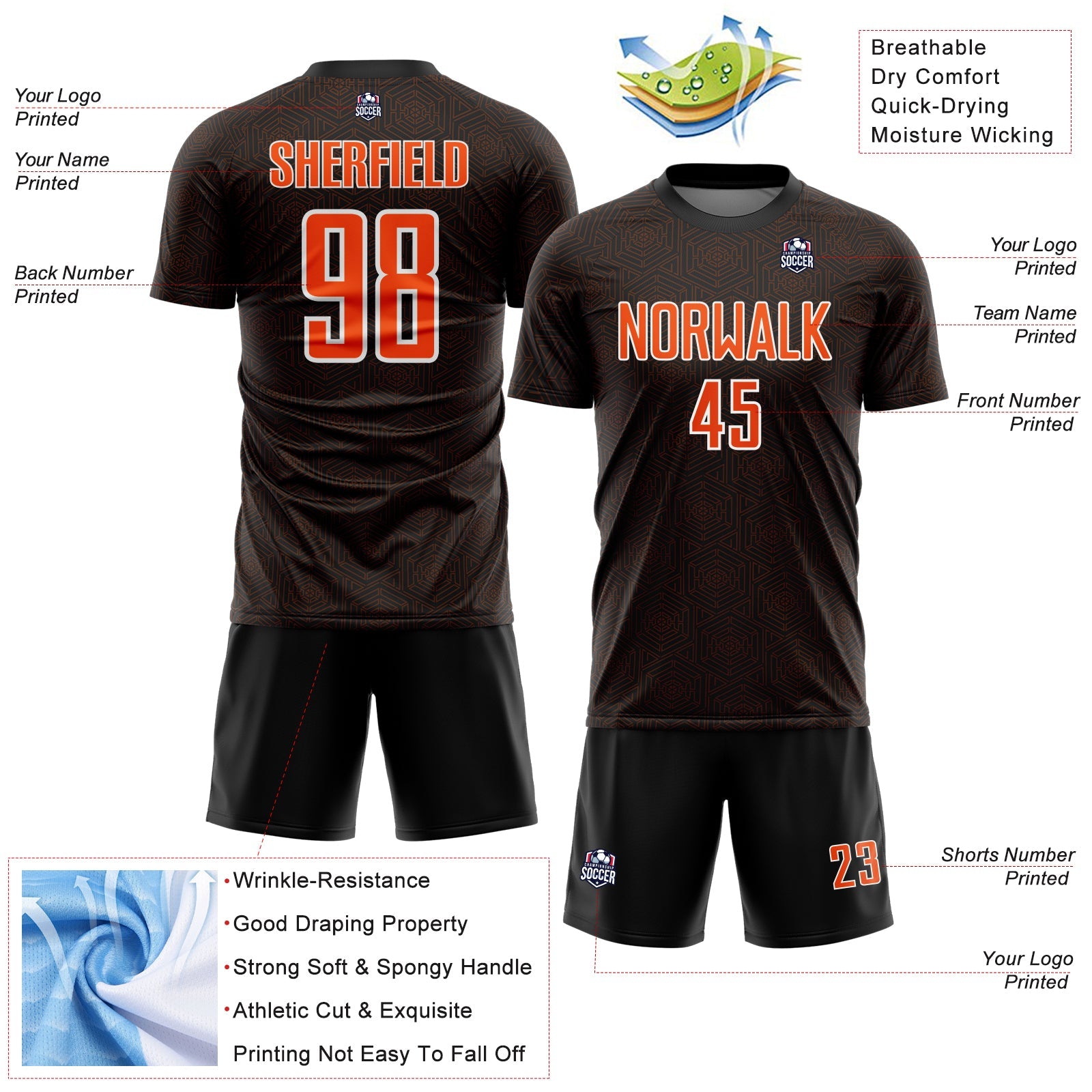 Custom Black Orange-White Geometric Shape Sports Sublimation Soccer Uniform Jersey