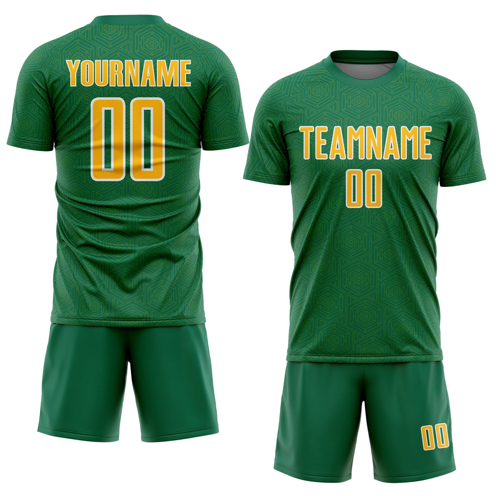 Custom Kelly Green Gold-White Geometric Shape Sports Sublimation Soccer Uniform Jersey
