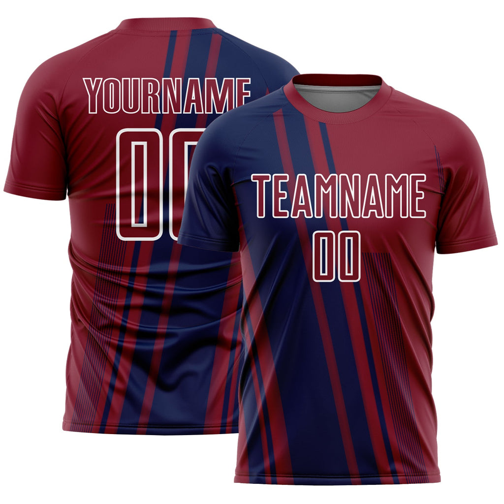 Custom Crimson Navy-White Lines Sports Sublimation Soccer Uniform Jersey