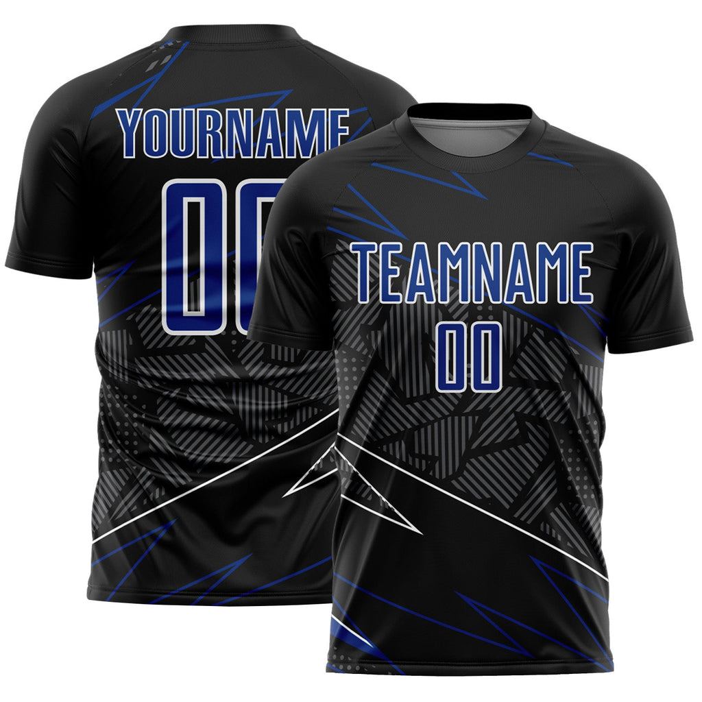 Custom Black Royal-White Lines Sports Sublimation Soccer Uniform Jersey