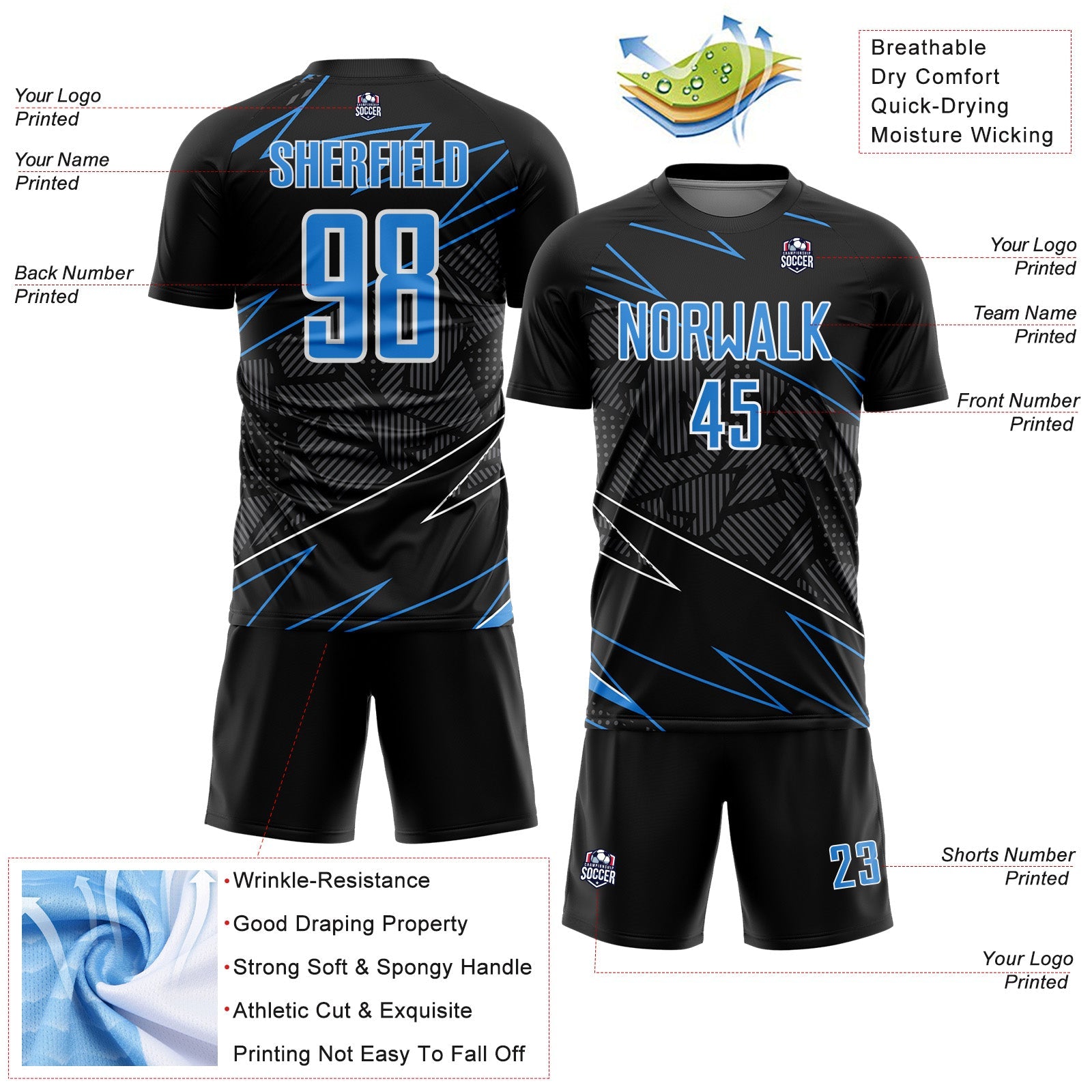 Custom Black Powder Blue-White Lines Sports Sublimation Soccer Uniform Jersey