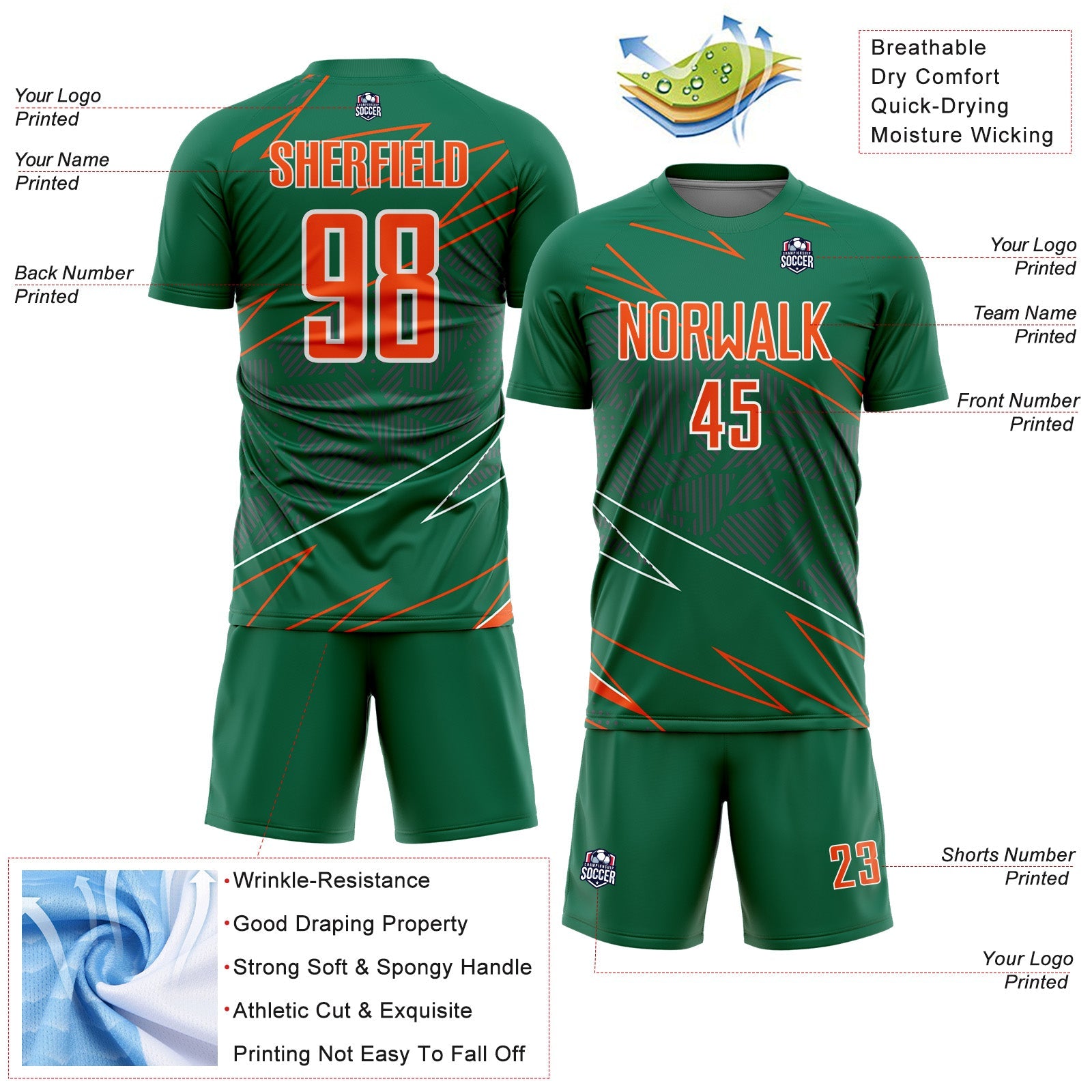Custom Kelly Green Orange-White Lines Sports Sublimation Soccer Uniform Jersey