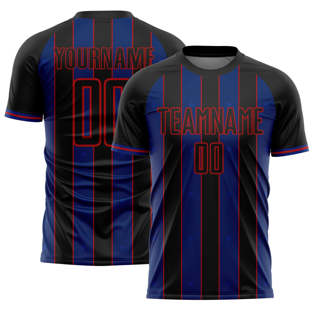 Custom Black Royal-Red Pinstripe Line Sports Sublimation Soccer Uniform Jersey