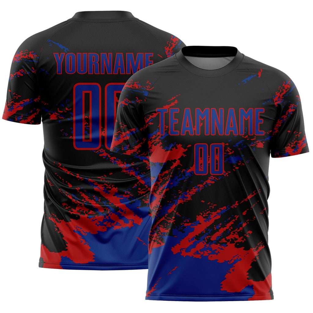 Custom Black Royal-Red Abstract Fragment Art Splash Sports Sublimation Soccer Uniform Jersey