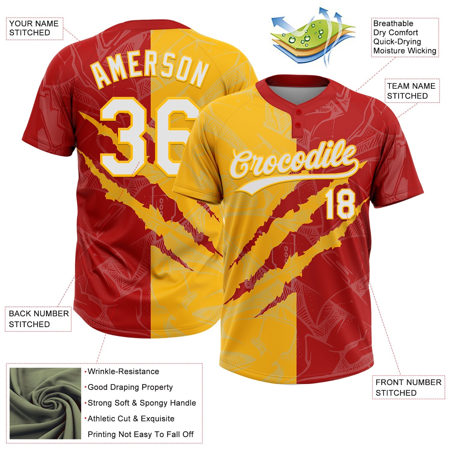 Custom Graffiti Pattern White Red-Gold 3D Scratch Two-Button Unisex Softball Jersey