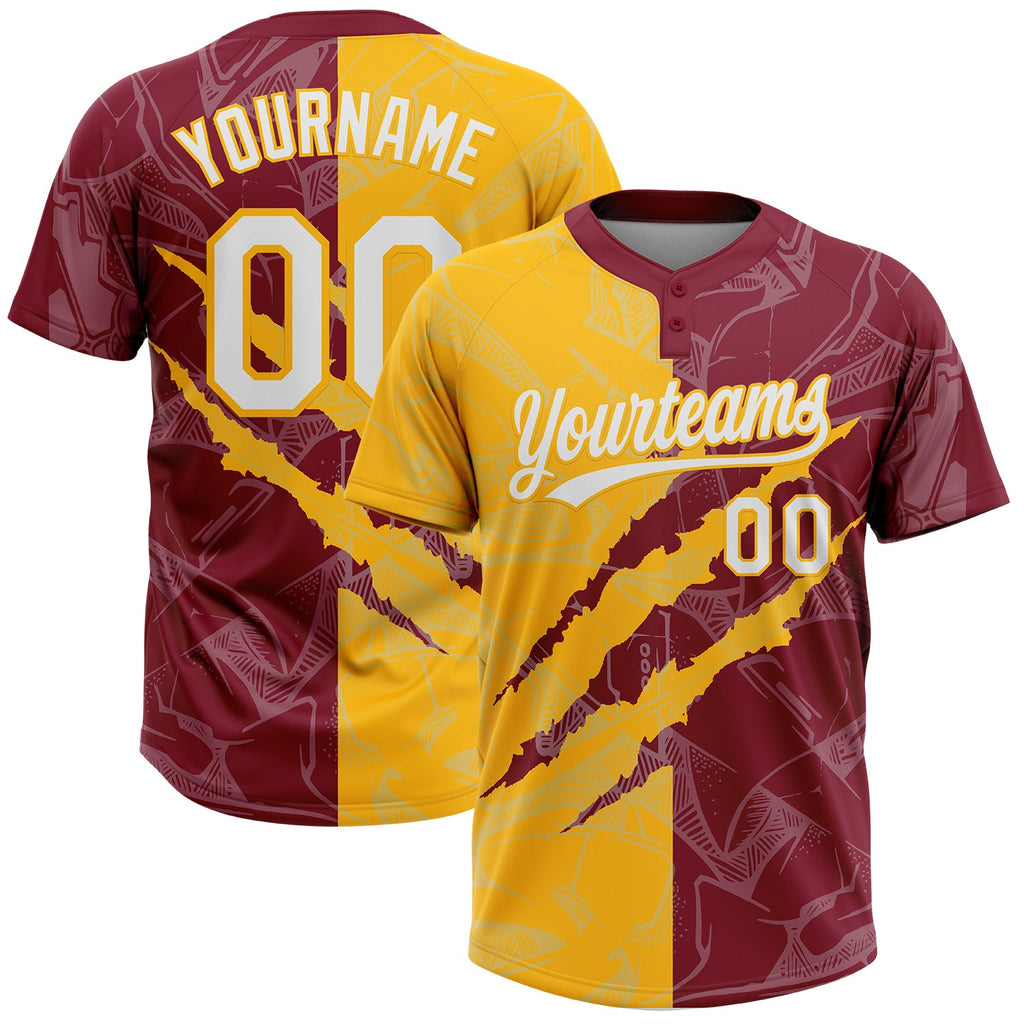 Custom Graffiti Pattern White Crimson-Gold 3D Scratch Two-Button Unisex Softball Jersey