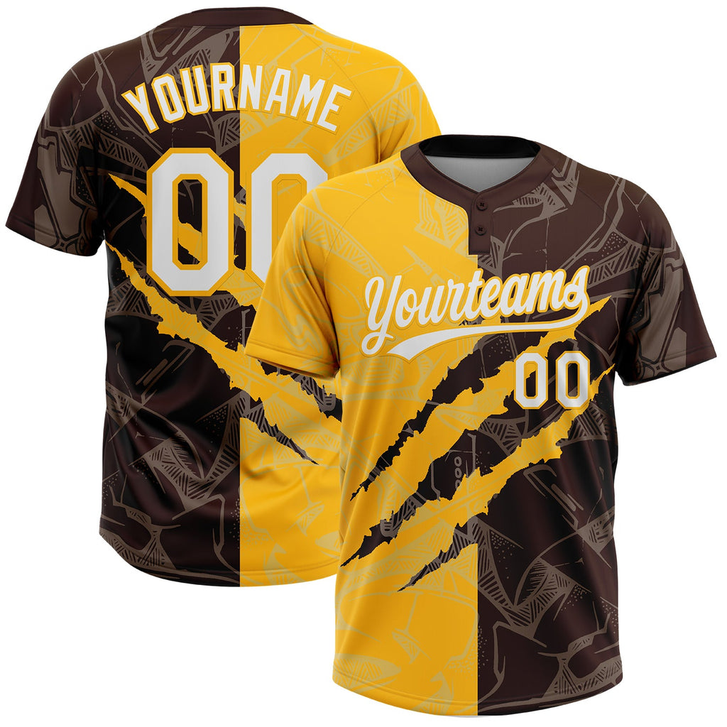 Custom Graffiti Pattern White Brown-Gold 3D Scratch Two-Button Unisex Softball Jersey