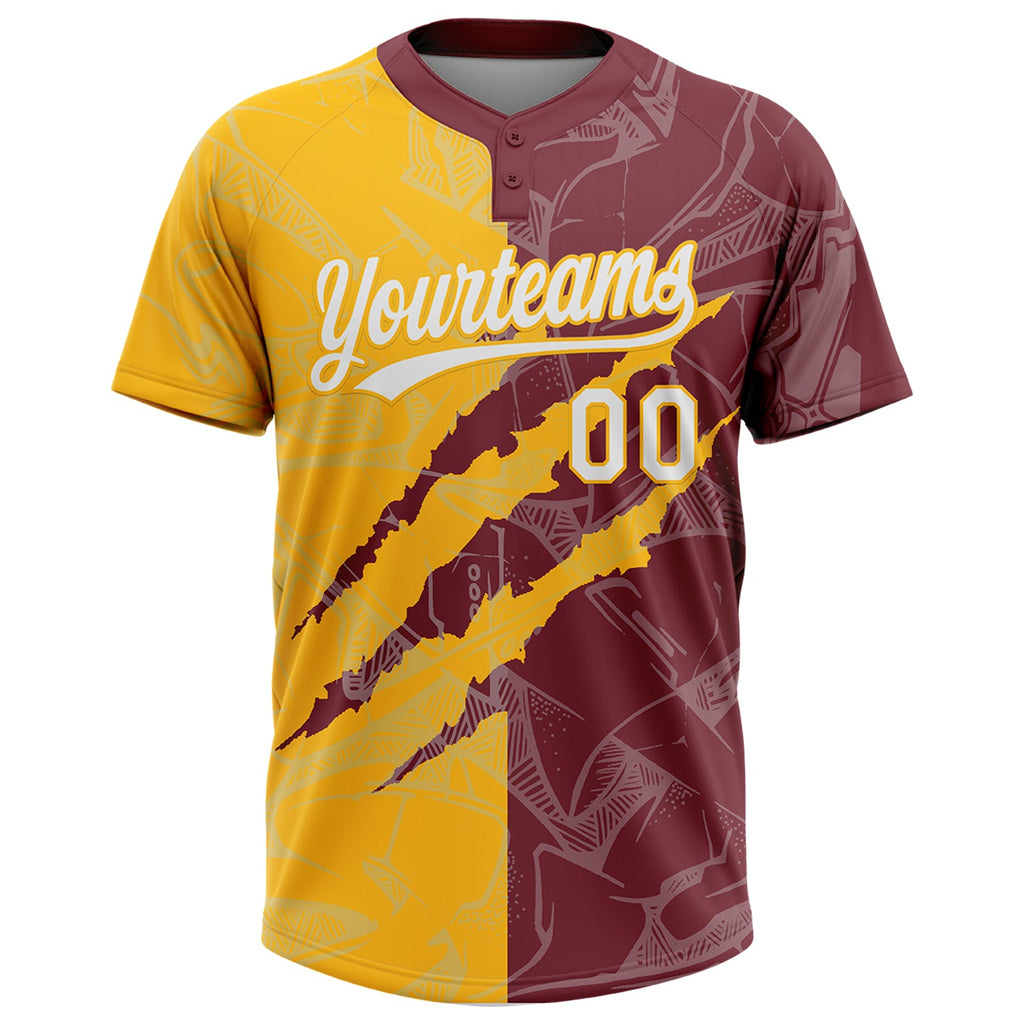 Custom Graffiti Pattern White Burgundy-Gold 3D Scratch Two-Button Unisex Softball Jersey