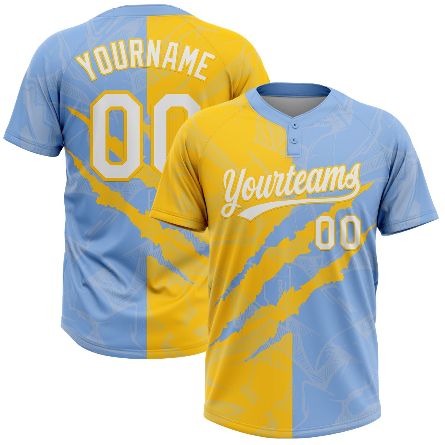 Custom Graffiti Pattern White Light Blue-Yellow 3D Scratch Two-Button Unisex Softball Jersey