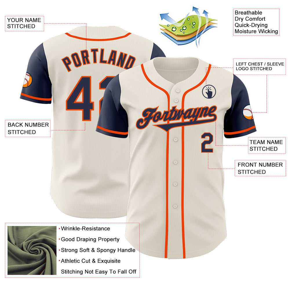 Custom Cream Navy-Orange Authentic Two Tone Baseball Jersey