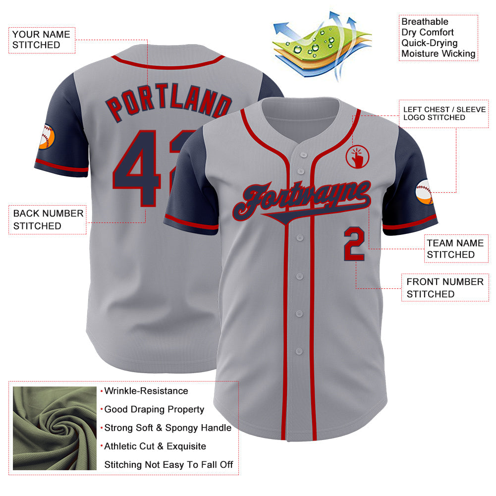 Custom Gray Navy-Red Authentic Two Tone Baseball Jersey