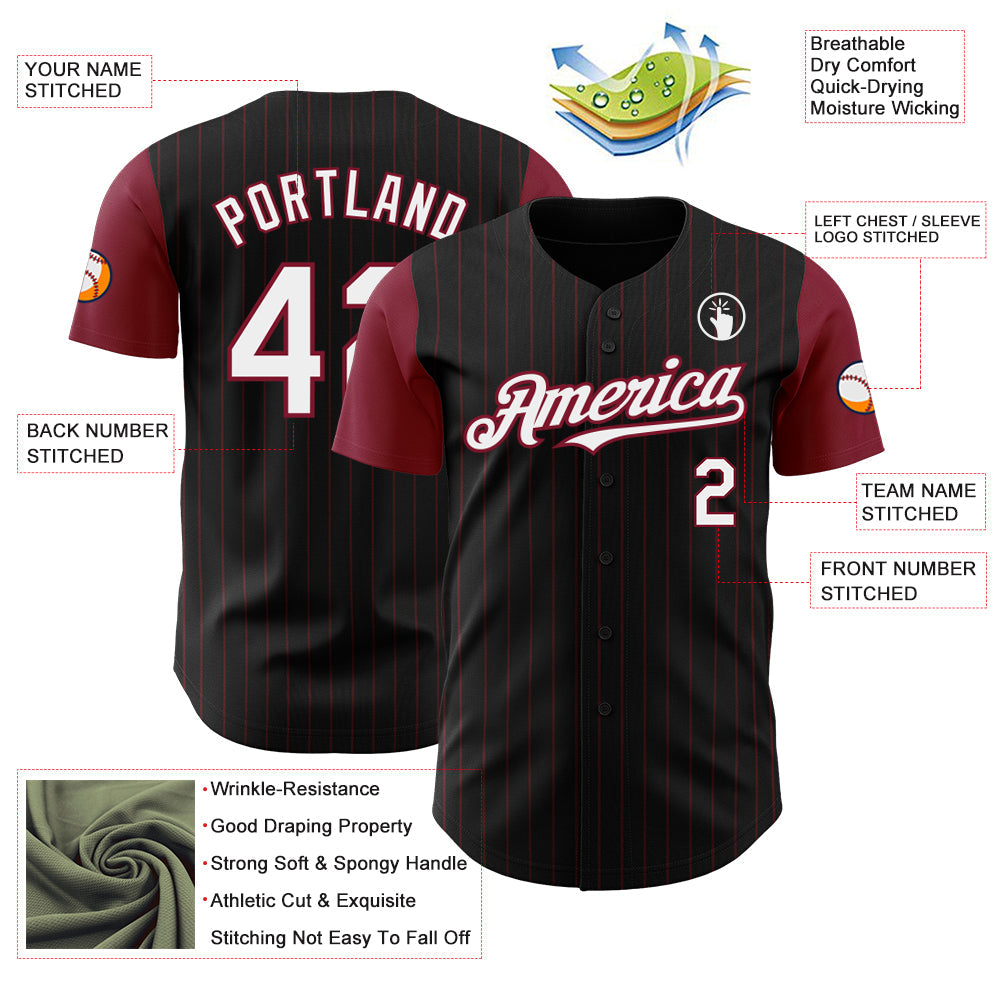 Custom Black Crimson Pinstripe White Authentic Two Tone Baseball Jersey
