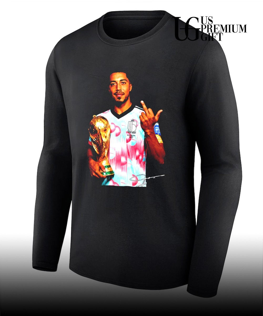 Youri Tielemans Belgium national football holding trophy middle finger signature shirt